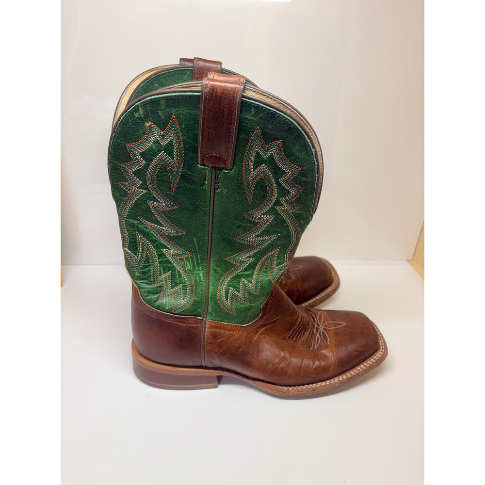 Tony Lama Mens Brown Leather Green Upper Square Toe Cowboy Boots TL3031 Size 8D